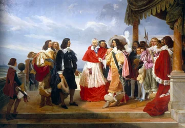 Nicolas Poussin Fransk målare som anländer från Rom presenteras för Ludvig XIII, kung av Frankrike av kardinal Richelieu, detalj