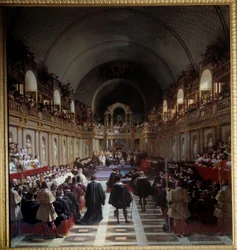 Generalstaterna i Paris 27 oktober 1614 Sammankomsten hölls i Louvren, kung Ludvig XIII presiderade över den tillsammans med sin mor Marie de Medicis. Målning av Jean Alaux (1786-1864), dit le Romain