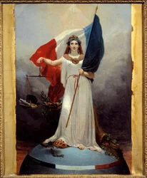 Republikens symboliska gestalt. Allegori som framställer republiken som en kvinna med en lagerkrans, fredens symbol, som håller en våg, rättvisans symbol, och den trefärgade flaggan. Under hennes fot finns den krossade monarkins krona och de brutna