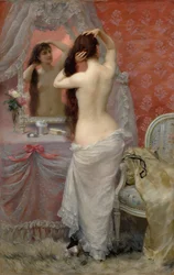 Ung naken kvinna som kammar sig i en interiör, 1887