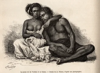Den unge kungen av Vaitatu, på ön Tauata, i Marquisesöarnas skärgård, omger sig i sin hustrus armar, graverad efter en teckning av A.Rixens som illustrerar minnena från Stilla havet, 1872-1874, av A.Pailhes, ett fartygs