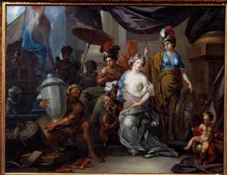 Amerika för sin rikedom till Europa Europa Europa, en ung kvinna med blek hy, tar emot indianer från Amerika som kommer med exotisk mat till henne. Målning av Jean Andreas Biset (1600-talet) La Rochelle, Musee du Nouveau monde
