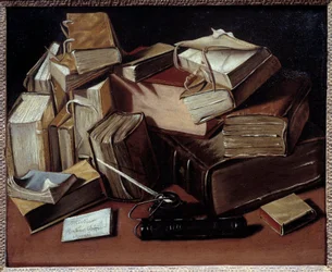 Stilleben med böcker Målning av Jean Andreas Biset (1672-ca 1710). Bourg en Bresse, Musee de Breu - Stilleben med böcker. Målning av Jean Andreas Biset (1672-ca.1710). Breu-museet, Bourg en Bresse, Frankrike