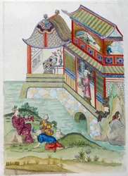 Hus vid floden. Teckningen kommer från en kinesisk vas. Målning av Jean Antoine Fraisse (1700-talet)
