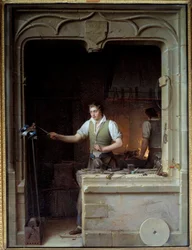 En låssmed försöker bita sin fil till en nötskrika Illustration till Jean de La Fontaines fabler. Målning av Jean Antoine Laurent (1763-1832) 1829 sön. 0,86x0,65 m - En låssmed som vill få en nötskrika att bita sin metallfil. Illustration till Jean de La F