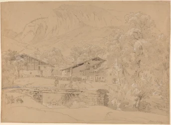 An Alpine Village in Summertime (svart krita och grafit förstärkt med vit krita på brunt papper)