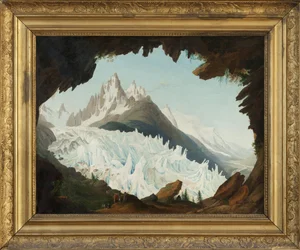 Utsikt över Alperna tagen från valvet som heter Chapeau of the Woods Glacier (olja på duk)