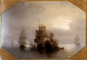 Sjöstrid av riddaren Marc-Antoine de Saint-Pol Hecourt (1665-31 oktober 1705), 31/10/1705 Han gav sitt namn till den närliggande staden Saint-Pol-sur-Mer (Saint Paul sur mer). Målning av Theodore Gudin (1802-1880) 1800-talet. Paris, Musee de la Marine