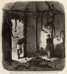 Inuti fetischormarnas tempel, i Wydah, i Dahomey (nuvarande Benin), teckning av Jean Antoine Foulquier (1822-1896), för att illustrera Dr Repins resa till Dahomey 1860. Gravyr i "" Le tour du monde" ”, redigerad av Edouard Charton