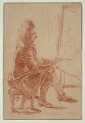 En beckmönstrad målare (möjligen Claude Audran), ca 1709 (rödkrita på buffertpapper, lagd på krämfärgat kort)