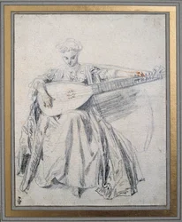En lutspelare som ritar en blymina och blod av Jean Antoine Watteau (1684-1721) Chantilly-museet Conde från 1700-talet