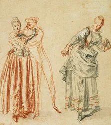En scen från commedia dell"arte: En flicka som motsätter sig en komikers framfart och en skådespelerska som utför ett steg, ca 1718