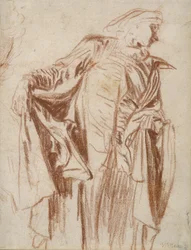 Skådespelare som står med huvudet vänt åt höger, ca. 1719-1720