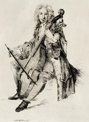 Cellospelare, av Jean Antoine Watteau (1684-1721), gravyr, Frankrike