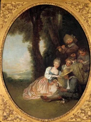 Champetre-konsert eller "" Den förväntade deklarationen"". Ungt förälskat par rodnar. Rokokomålning av Jean Antoine Watteau (1684-1721)
