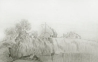 House on the Edge of a Steep Cliff (rödkrita på papper)