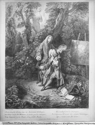 Jean Antoine Watteau och hans vän Monsieur de Julienne, graverad av Nicolas Henri Tardieu (1674-1749)