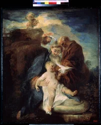 Den heliga familjen, vila på flykten till Egypten. Målning av Jean Antoine Watteau (1684-1721). Olja på duk