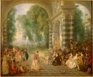 Les plaisirs du bal Målning av Jean Antoine Watteau (1684-1721) 1700-talets sön. 0,52x0,65 m London, Dulwich gallery - Pleasures of the Ball - Målning av Jean Antoine Watteau (1684-1721), olja på duk (52 x 65 cm)
