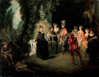 Love in French Theatre av Jean-Antoine Watteau (1684-1721), olja på duk, 37x48 cm
