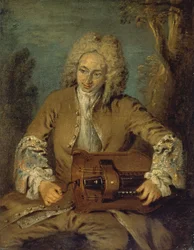 Man spelar en Hurdy-Gurdy