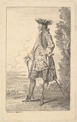 Man som går och bär en käpp i höger hand, visad i trekvartsvy med h..., ca. 1710.