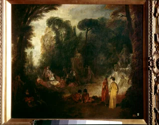Fest i en park Picknick, samtal och promenad i skogen. Målning av Jean Antoine Watteau (1684-1721), cirka 1712-1713. Olja på duk. Mått: 48x55 cm. Madrid, Pradomuseet