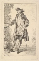 Stående man med höger hand vilande på en bassäng, visad i trekvartsvy med..., ca. 1710.