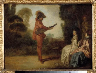 The Enchanting En ung musiker som förför två unga kvinnor med sin musik. Målning av Jean Antoine Watteau (1684-1721)