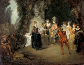Den franska komedin par Watteau, Jean Antoine (1684-1721), efter 1716 - Olja på duk, 37x48 - Statliga museer, Berlin