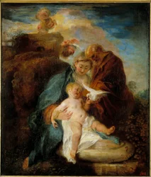 Den heliga familjen, resten under flykten till Egypten Målning av Jean Antoine Watteau (1684-1721) 1700-talets Sankt Petersburg, Hermitagemuseet