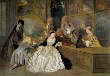 Valet. Rätt detalj av tecknet Gersaint. Karaktärer i en konstbutik som väljer de verk de vill köpa. Edme Francois Gersaint (1694-1750), målarhandlare vars galleri ligger i Paris på bron Notre-Dame. Målning av Jean Antoine Watt