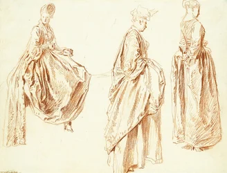 Tre damer i profil till höger, en sittande, ca 1713-14