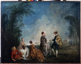 Ett pinsamt förslag. Målning av Jean Antoine Watteau (1684-1721). Olja på duk, 65 x 84,5 cm