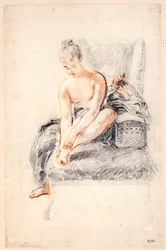 Ung naken kvinna som håller ena foten i händerna, 1716-18