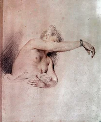 Naken kvinna med upplyft arm. Sanguineteckning av Jean-Antoine Watteau (1684-1721), 1700-talet. 0,28 x 0,23 m. Paris, Musée du Louvre