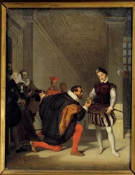 Don pedro de Toledo, ambassadör för Filip II som kysser Henrik IV:s svärd (1553-1610). Trappa Henri II i Louvren. Målning av Jean Auguste Dominique Ingres (1780-1867) 1800-talets sön. 0,36x0,28 m - Don Pedro de Toledo, ambassadör för Philippe II,