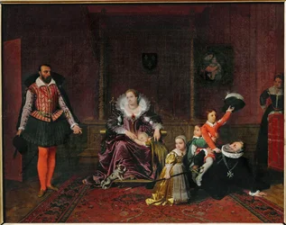 Den franske kungen Henri IV leker med sina barn när den spanske ambassadören kommer in (målning på duk)