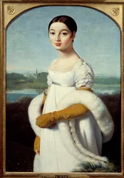 Porträtt av Mademoiselle Caroline Rivière: Den unga kvinnan är klädd enligt modet under Första kejsardömet. Målning av Jean Auguste Dominique Ingres (1780-1867), 1805, 1 x 0,7 m