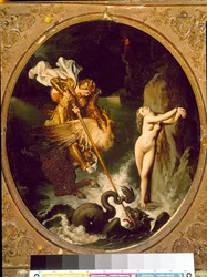 Roger delivrant Angelique Angelique (Angelica) blir befriad av Roger (Ruggero, Ruggiero) rider på en flodhäst - Illustration av X Song of "" Furious Roland" (Orlando furioso) av Ludovic Ariosto (Arioste) - Målning av Jean Auguste Dominique Ingres ( 178