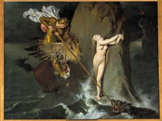 Roger delivrant Angelique Angelique (Angelica) befrias av Roger (Ruggero, Ruggiero) rider på en flodhäst - Illustration av X-sången av "" Furious Roland"" (Orlando furioso) av Ludovic Ariosto (Arioste) - Målning av Jean Auguste Dominique Ingres (1
