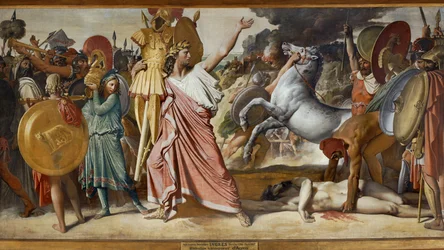 Romulus, som segrat över Acron, bär Acrons kropp till Jupiters tempel (målning på duk)