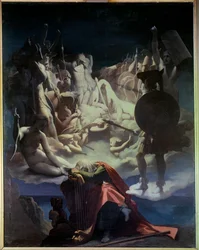Drömmen om Ossian Illustration av operan "" Ossian or the Bards"" av Jean Francois (Jean-Francois) Le Sueur (Lesueur) (1760-1837), barden Ossian var en skotsk poet från 300-talet läst av Napoleon, han är en representant som sover på en lyra, behi