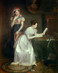 Svaret på brevet En ung kvinna skyndar sig att svara på sin älskares brev - Målning av Jean Augustin (Jean-Augustin) Franquelin (1798-1839) 1800-talet Sön 0,46x0,38 m