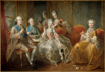 Familjen till hertigen av Penthievre 1768 eller "La Tasse de Chocolat": återförenade porträtt av hertigen av Penthievre (1725-1793), av hans son prinsen av Lamballe (1747-1768), av prinsessan av Lamballe (1749) -1792), av hans dotter Mademoiselle de Penthi
