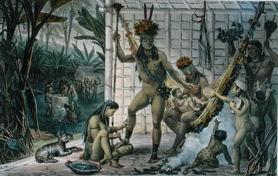 Familj till en indianhövding från Camacan som förbereder sig för en festival, illustration från "Voyage Pittoresque et Historique au Bresil", av Jean-Baptise Debret (1768-1848), publicerad i Paris