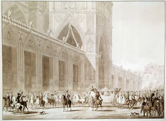 Kejsar Napoleon I (1769-1821) och imponerande Josephine de Beauharnais (1763-1814) i vagn till katedralen Notre Dame de Paris på dagen för det heliga trycket efter "The Book of the Sacred" av Jean Baptiste Isabey ( 1767-1855) 1800-talet