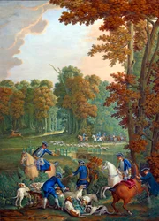 Plåt som representerar Ludvig XVI:s jakter: stafetten vid korsningen av Embrassade i skogen Compiegne"" eller "" betjänt som frikopplar den gamla flocken""". Porslinsmålning av Charles Etienne Leguay (1762-1846) av Jean Baptiste Oudry (1686-1755). Gjord