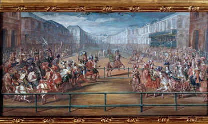 Den pompösa karusellen av de galanta amazonerna i de fyra delarna av världen gav Ludvig XIV framför Tuilerierna den 5 juni