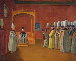 Sultan Ahmed III (Ahmet III) (1673-1736) tar emot en europeisk ambassadörsdelegation vid Topkapipalatset par Vanmour (Van Mour), Jean-Baptiste